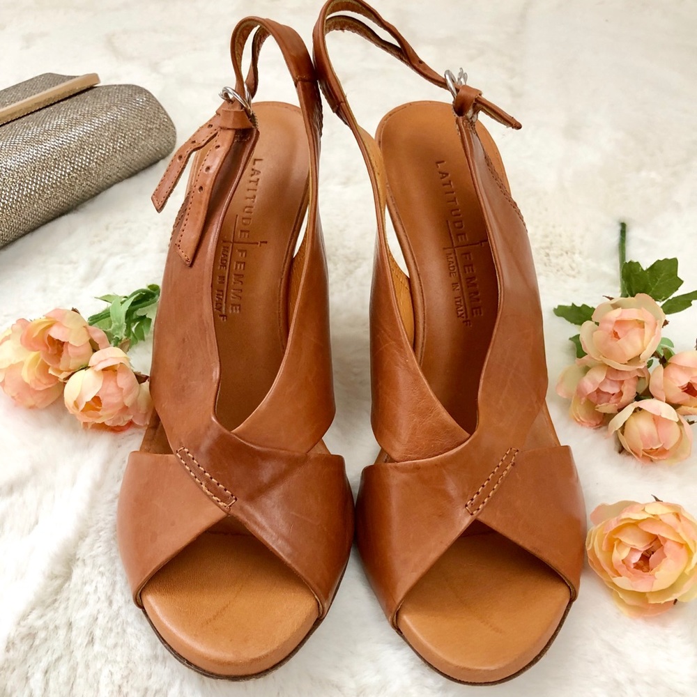 ✨Latitude Femme Cognac Soft Leather Sandal Heels - Picture 1 of 8